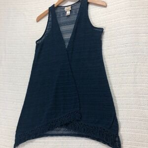 Belle du Jour Crochet Fringe Vest Sleeveless Cover Up Teal‎ Blue Medium